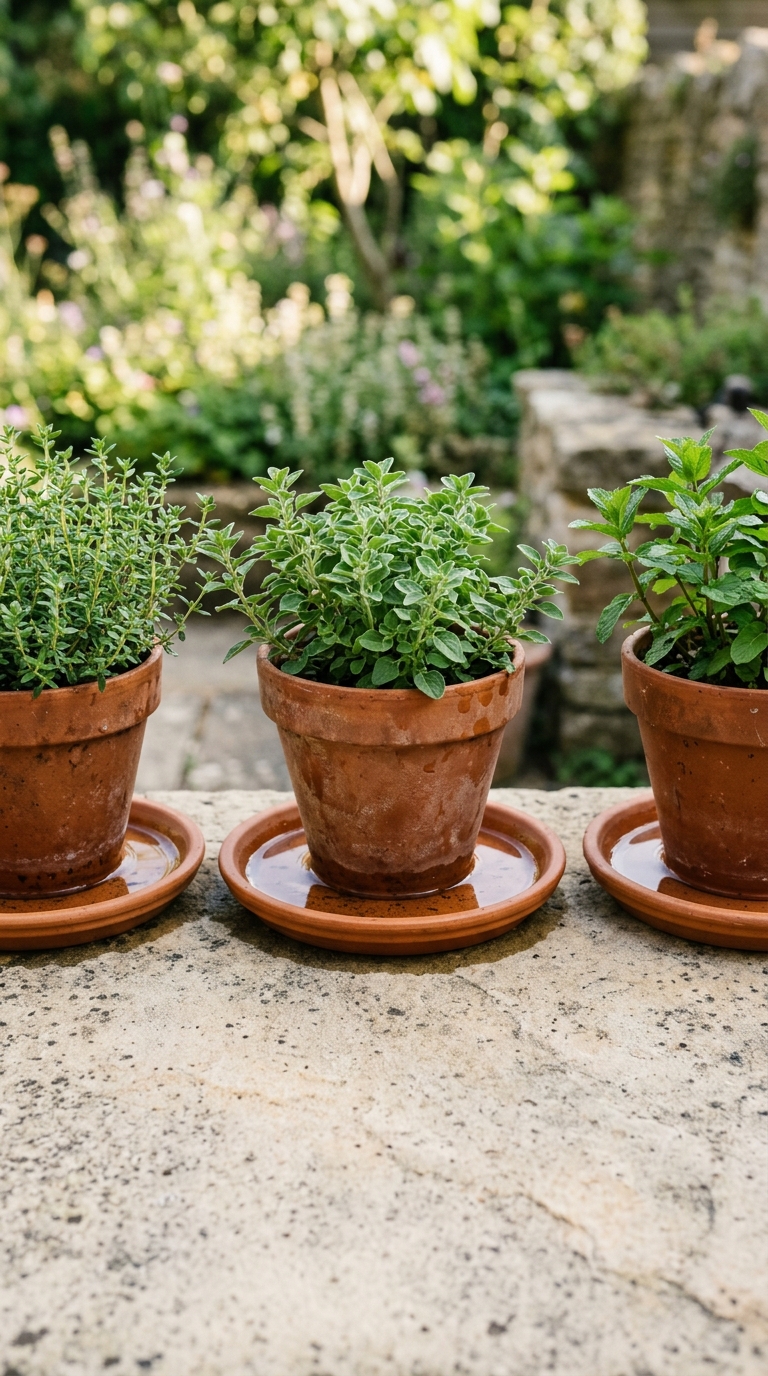 Three-tier wooden shelf displaying a collection of potted plants