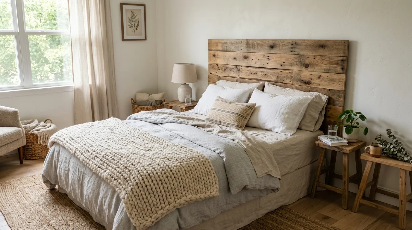 Bedroom with a handmade wooden headboard and layered textiles
