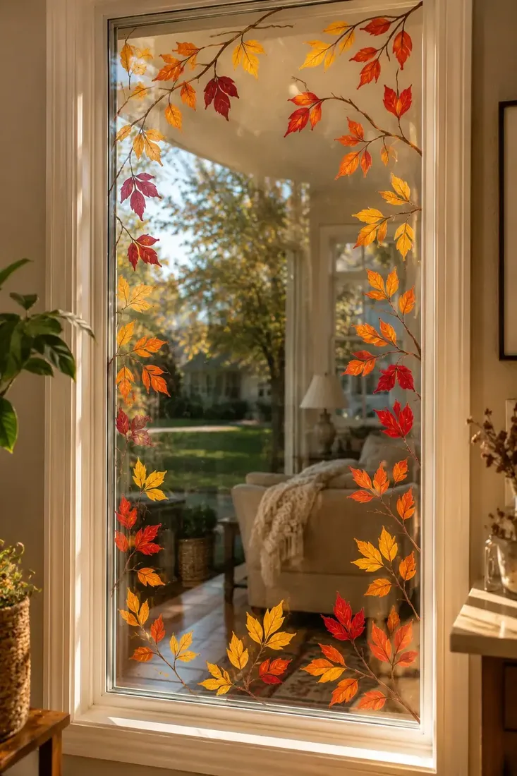 Simple autumn leaf border painted around a glass door