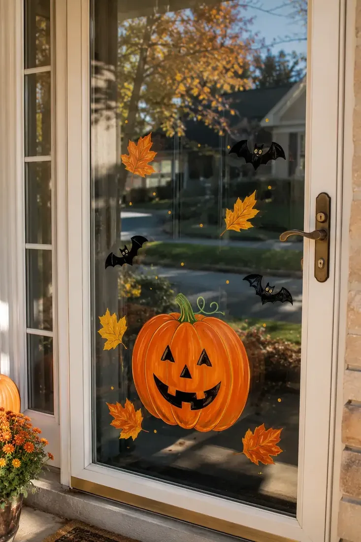 Smiling jack o lantern and small bats painted on a window