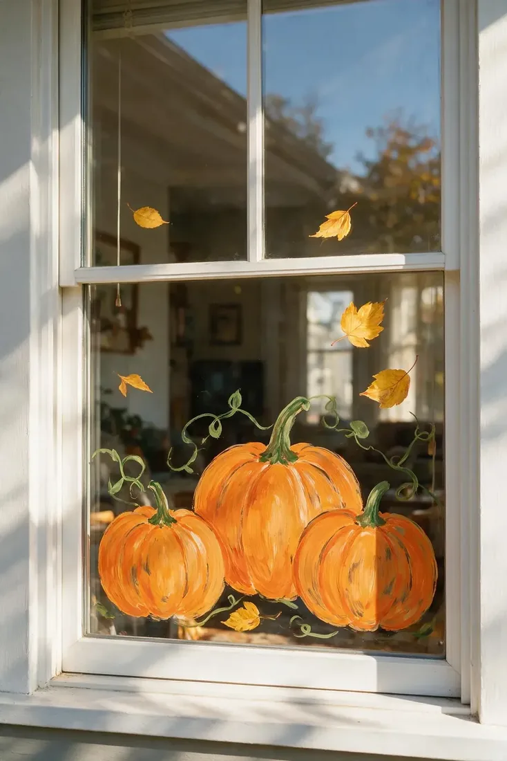 Three pumpkins and falling leaves painted on a bright window