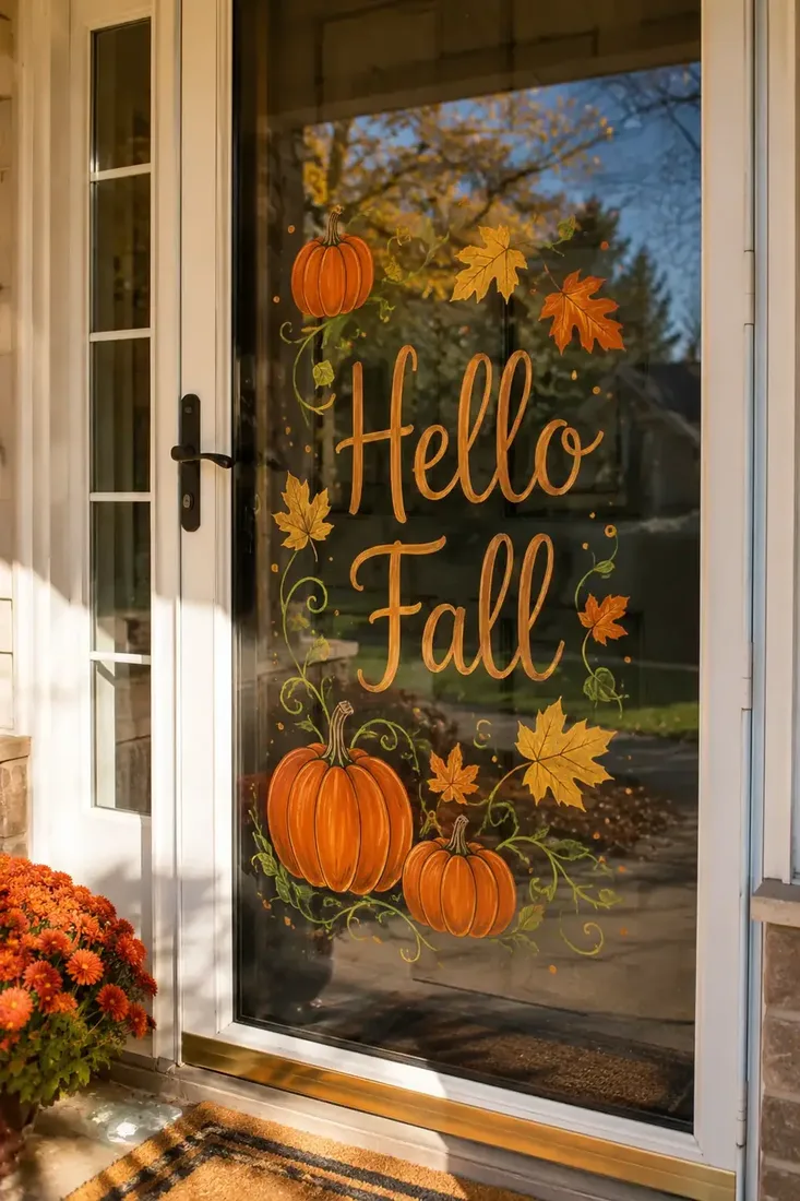 Hello Fall lettering painted on a front door window with pumpkins