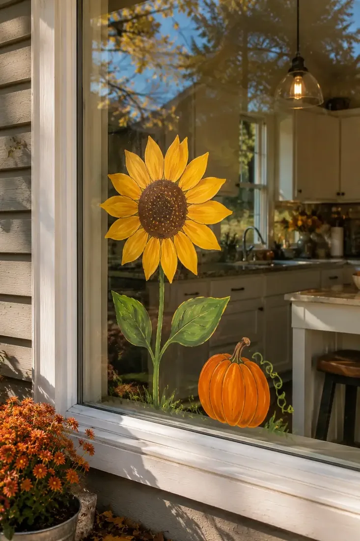 One large painted sunflower and small pumpkin on a kitchen window