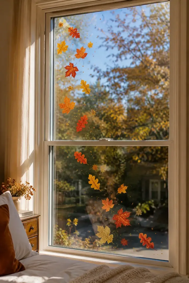 Simple falling leaves painted on a bedroom window