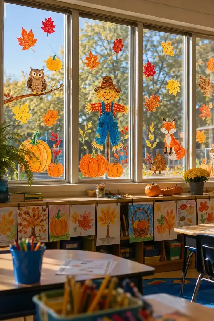 Owl, scarecrow and autumn leaves painted across classroom windows