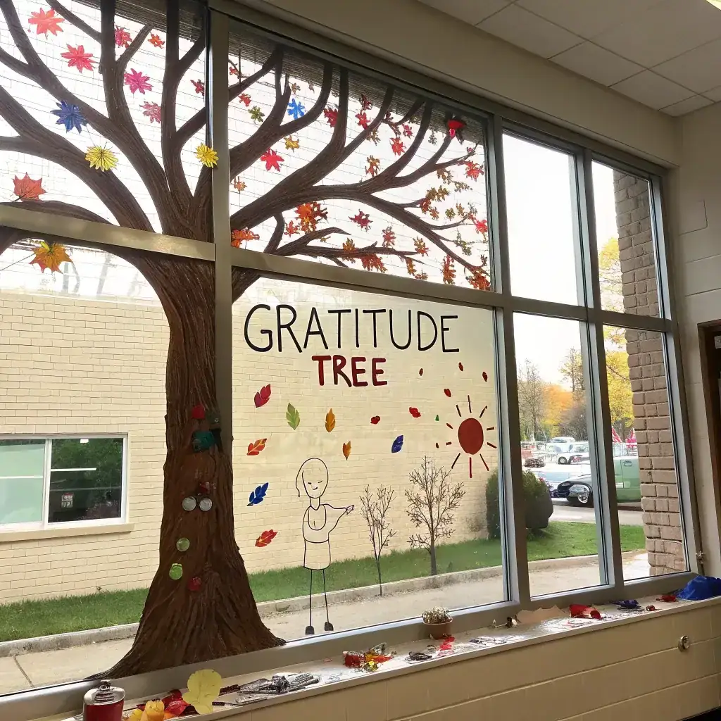 Painted gratitude tree with leaves on a classroom window