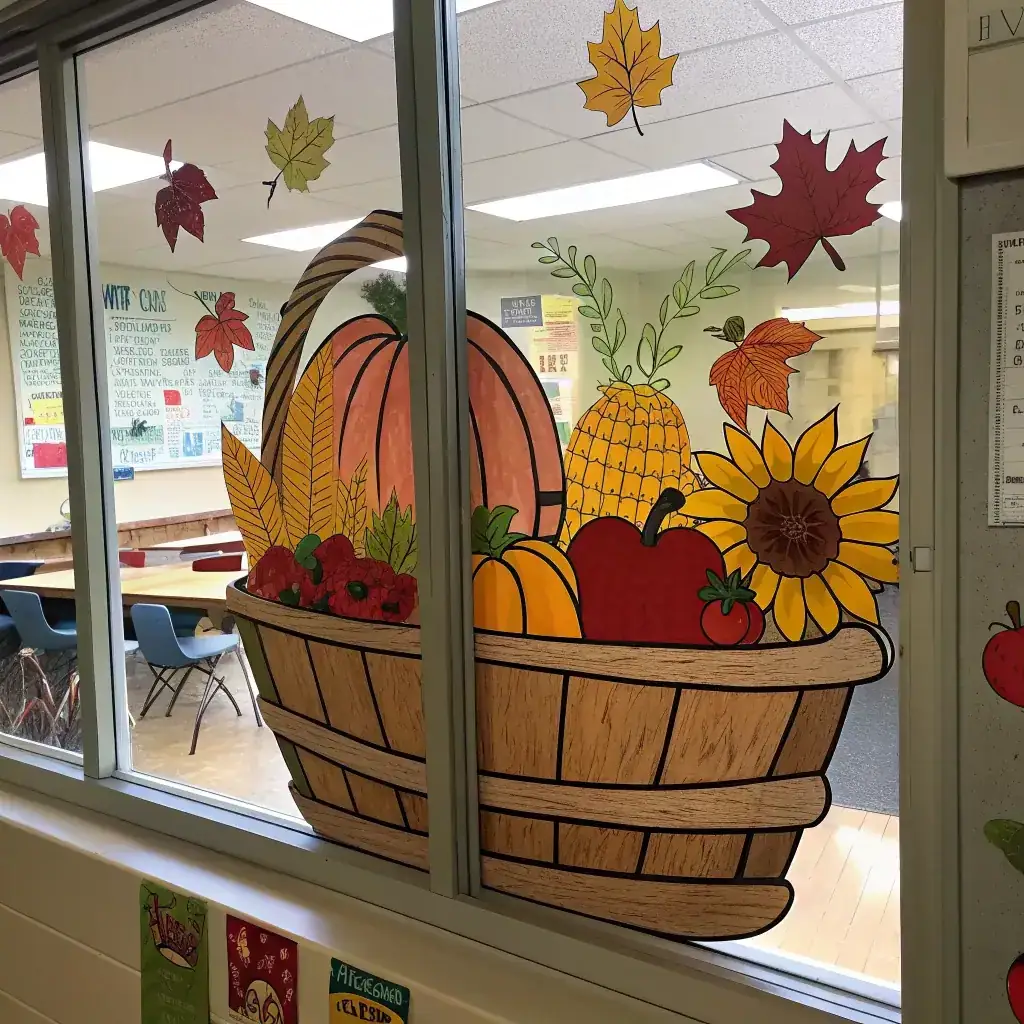 Painted harvest basket of produce on a classroom window