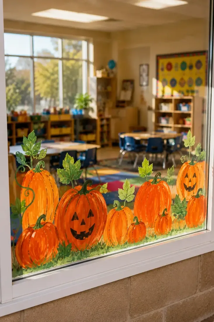 Painted pumpkin patch along a classroom window
