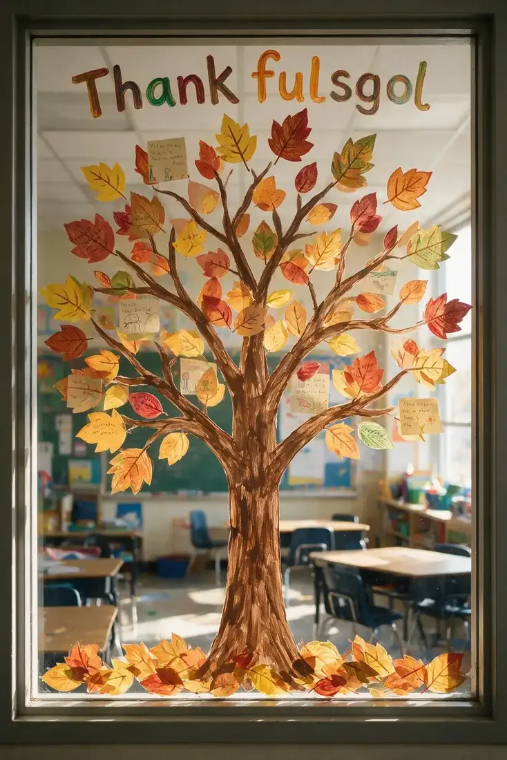 Painted thankful tree covered in autumn leaves on a classroom window