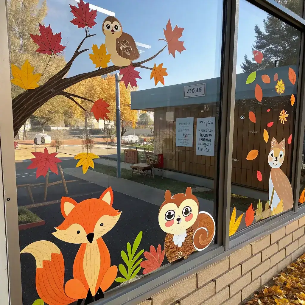 Fox, squirrel and owl painted on a daycare window