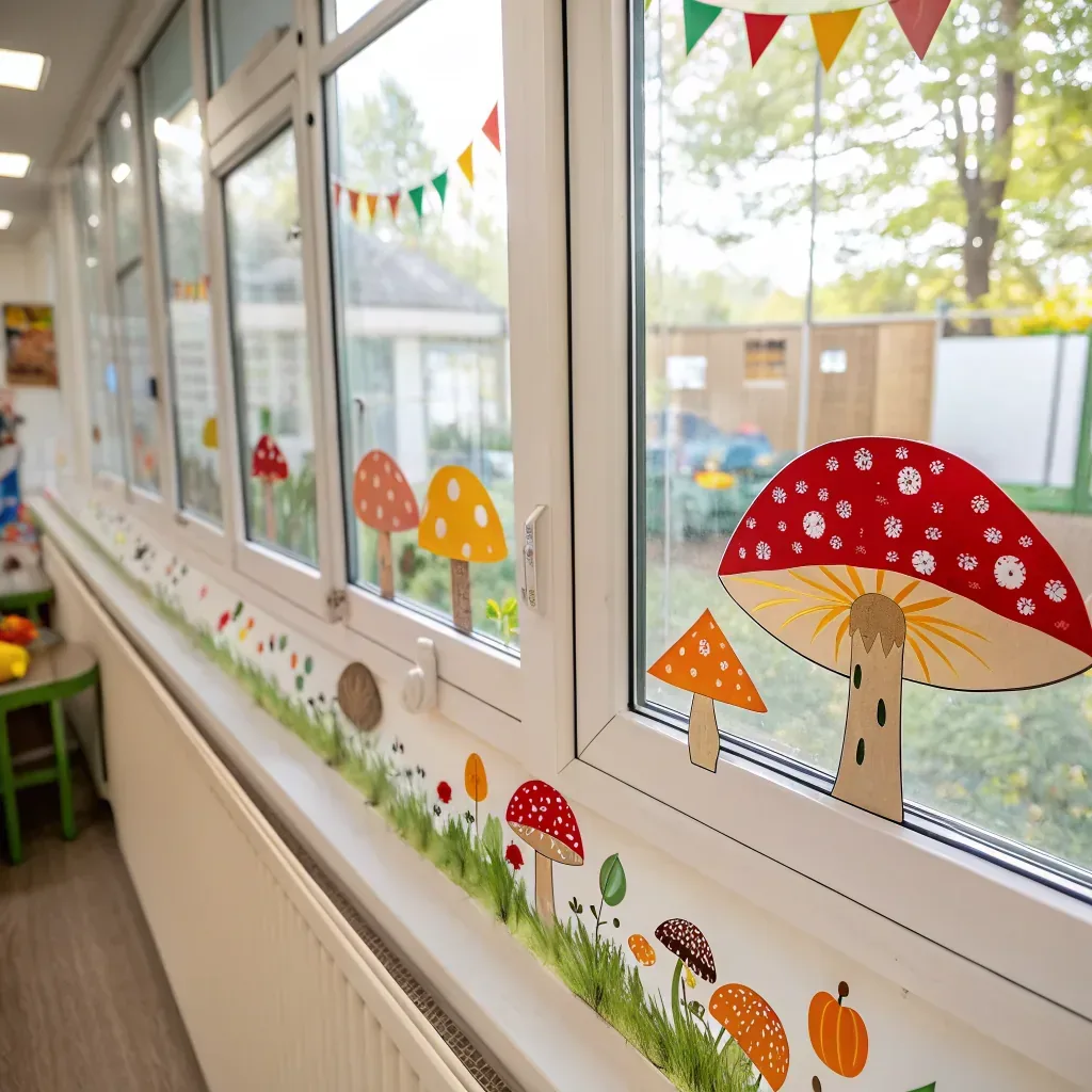 Painted mushroom and grass border along preschool windows
