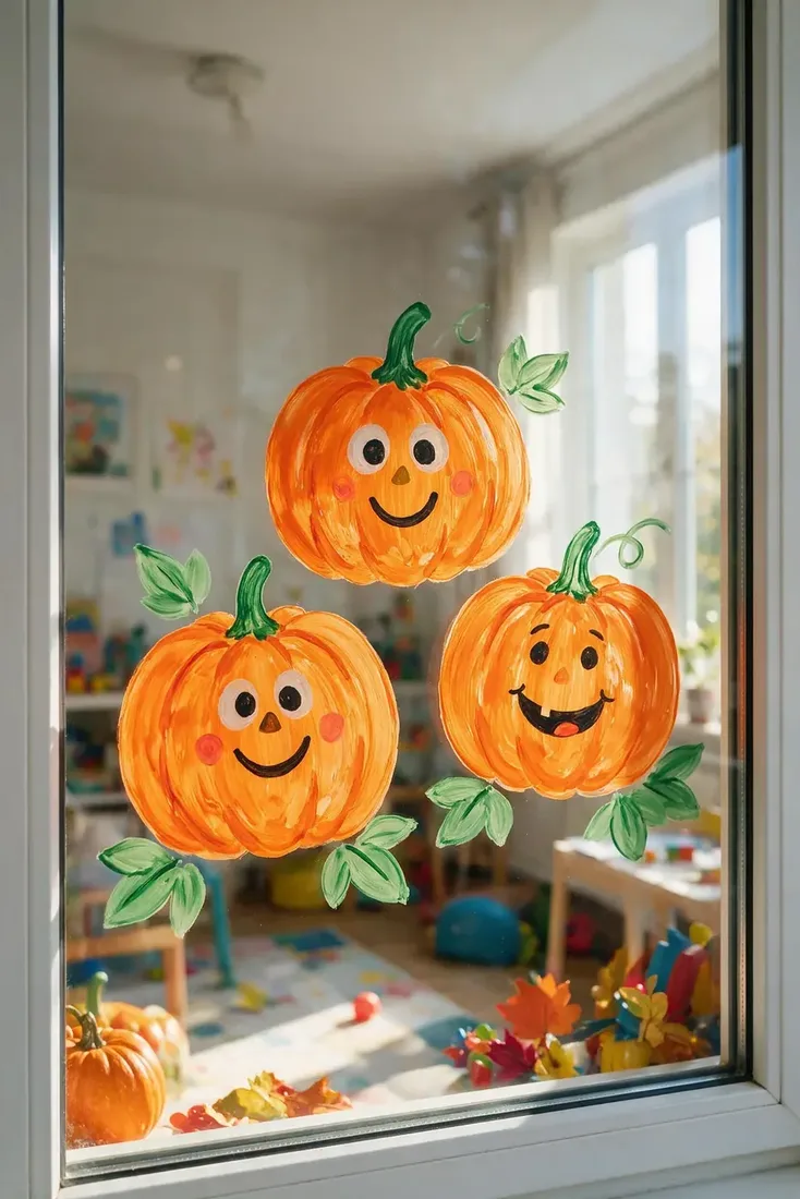 Three smiling painted pumpkin faces on a playroom window