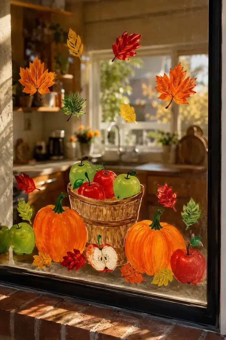 Painted apples, pumpkins and a basket on a kitchen window