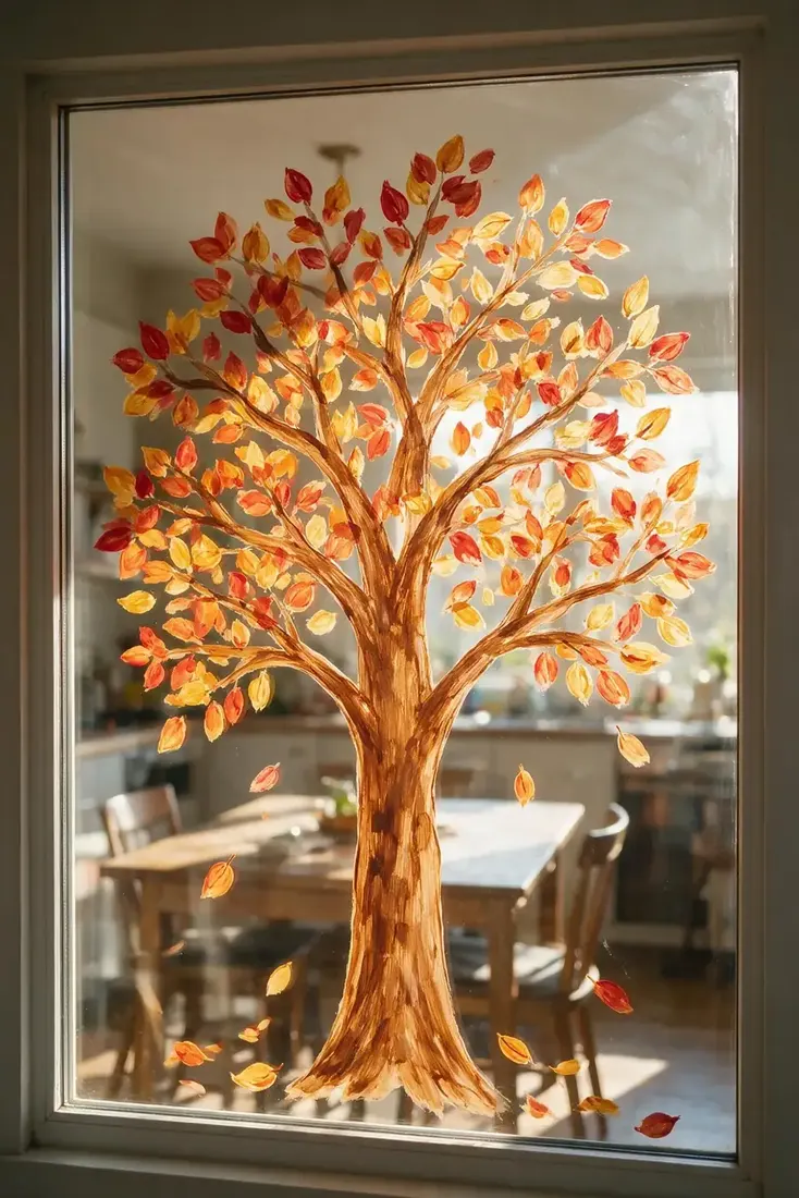 Large painted autumn tree filling a dining room window