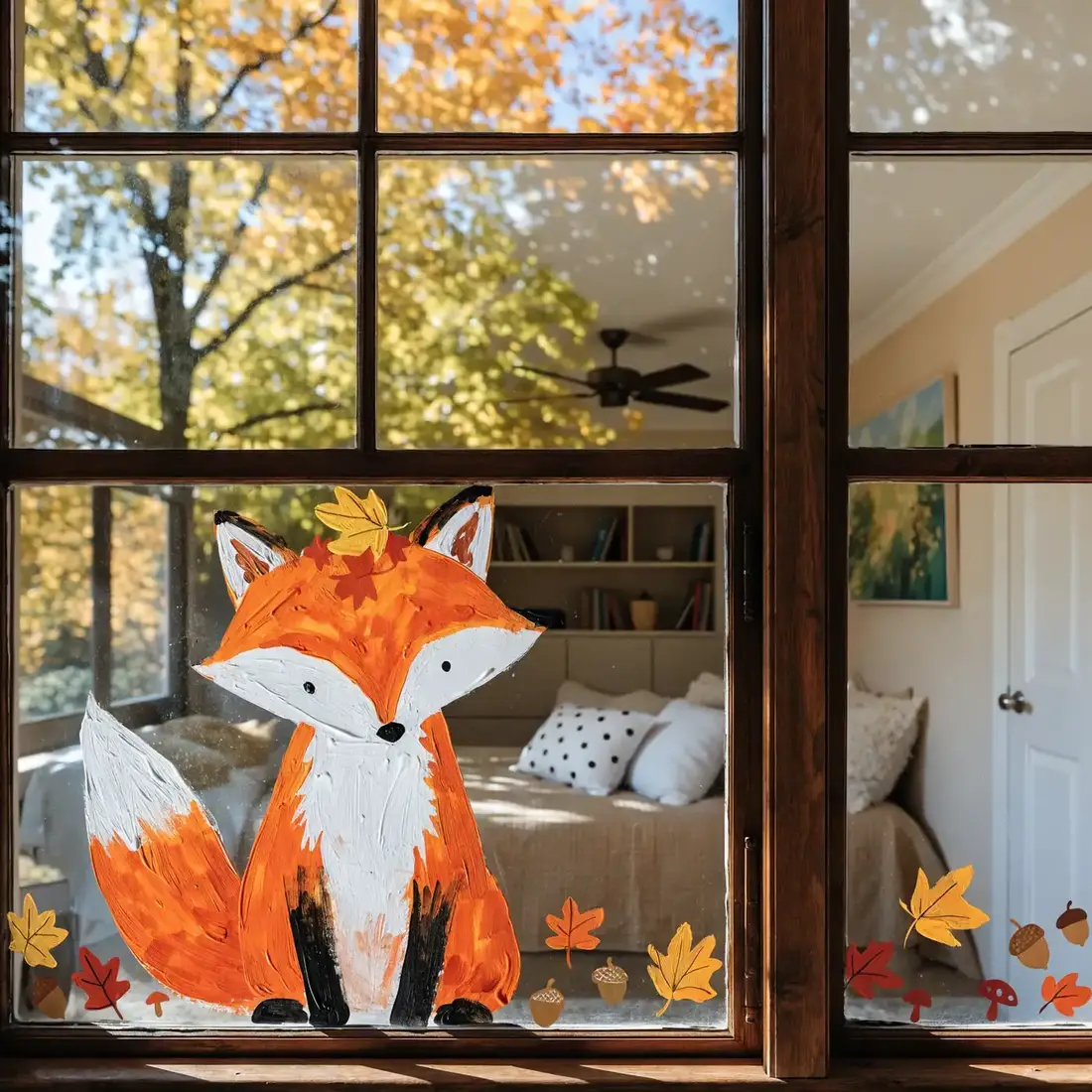 Large painted fox and autumn leaves on a bedroom window