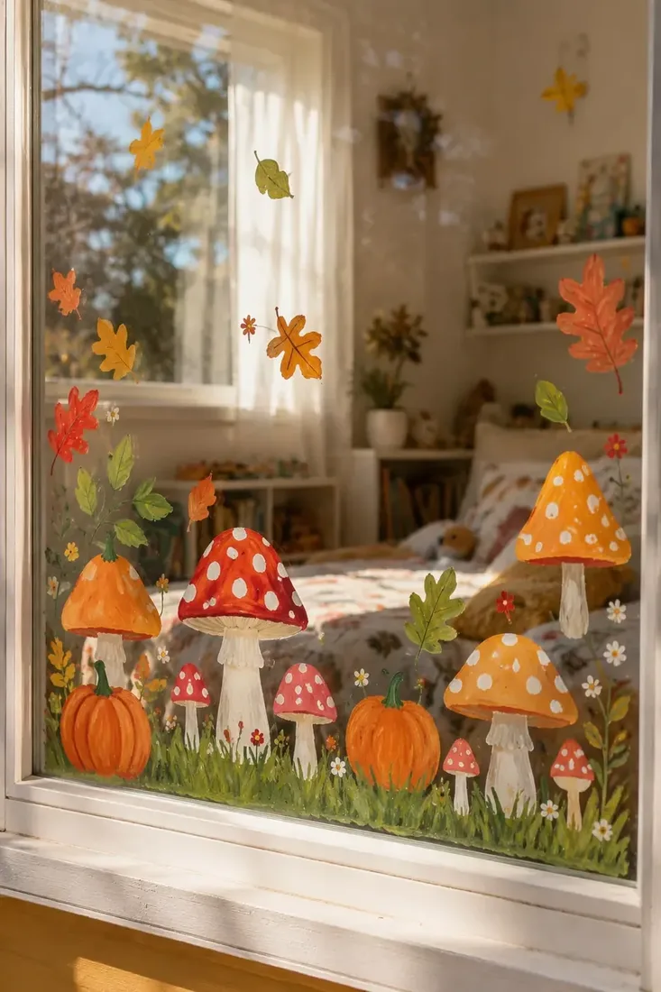 Painted mushroom garden with pumpkins along a bedroom window