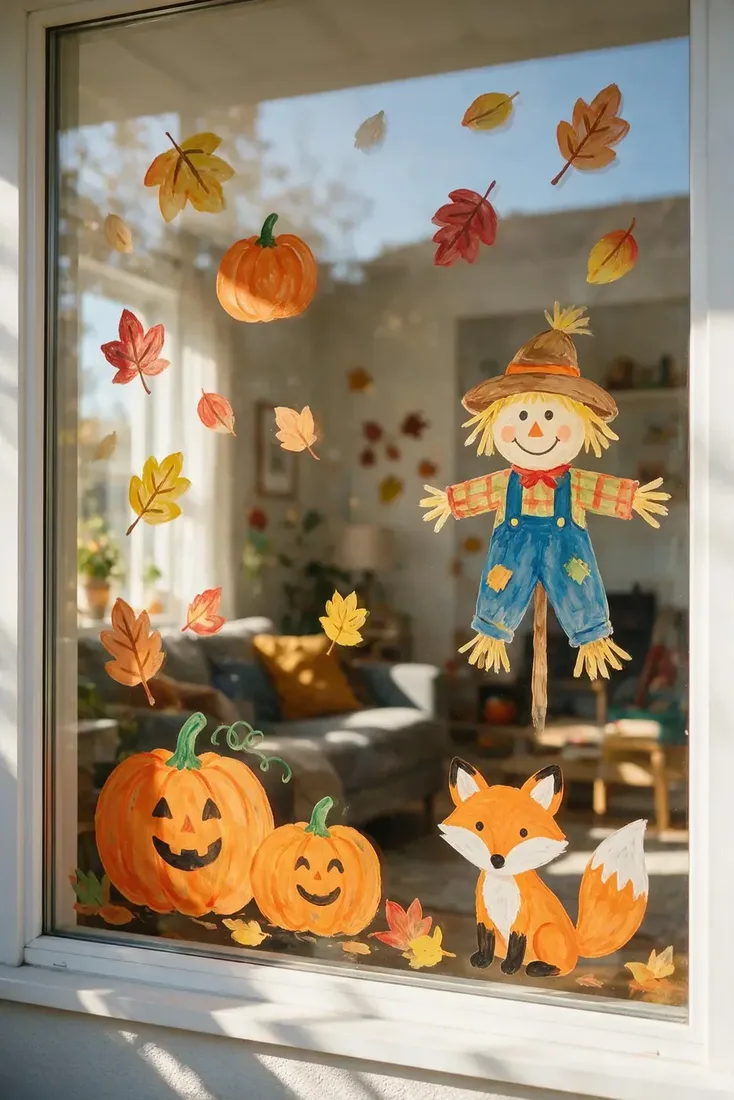 Scarecrow, jack o lanterns and a fox painted on a living room window