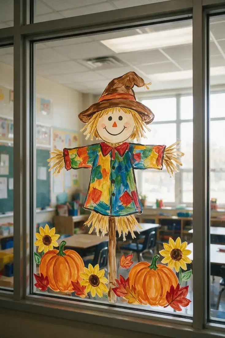 Colourful painted scarecrow with sunflowers on a school window