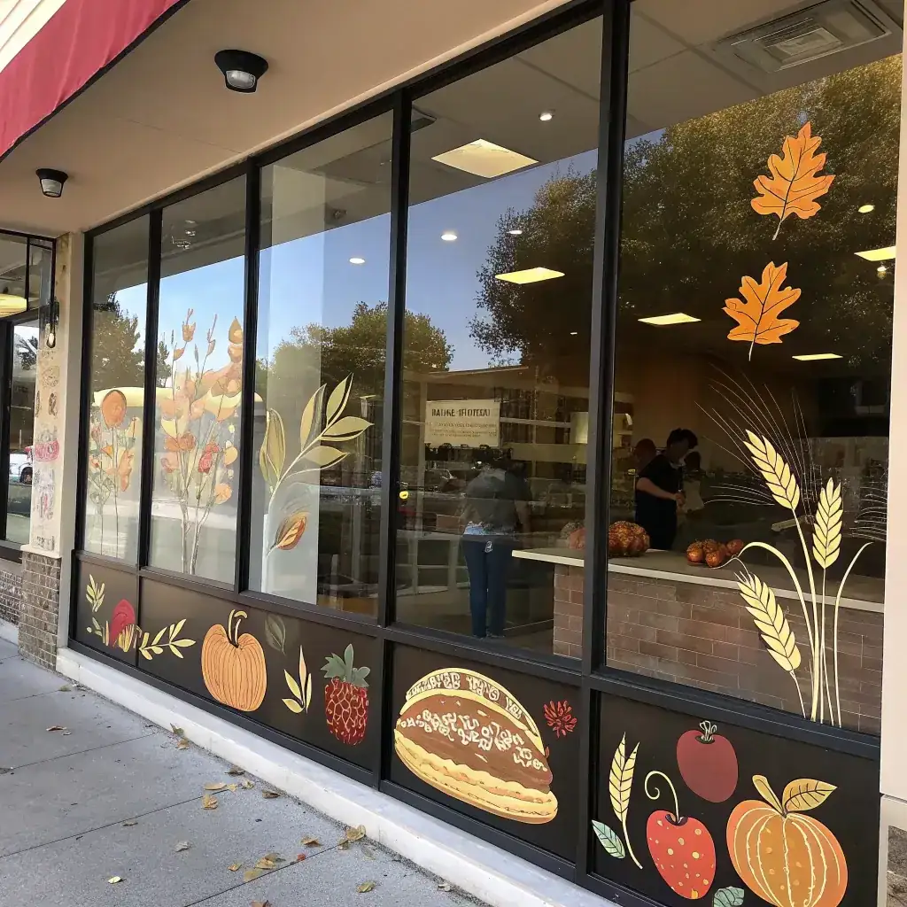 Painted pie, apples and wheat on a bakery storefront window