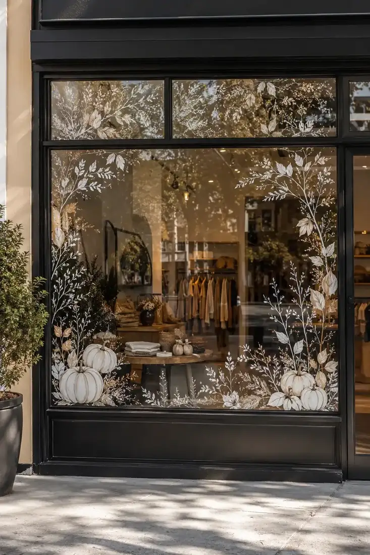 White painted pumpkins and branches on a boutique storefront window