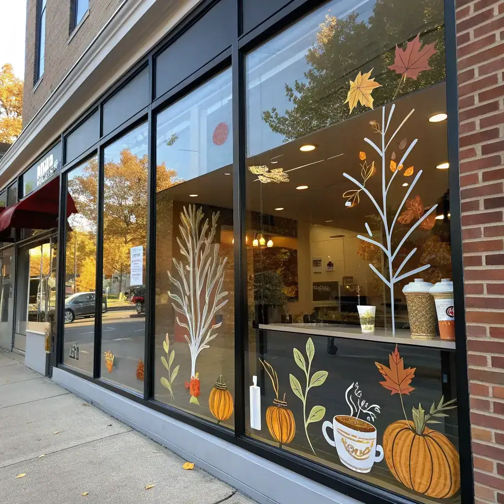 Painted coffee cups, pumpkins and branches on a cafe window