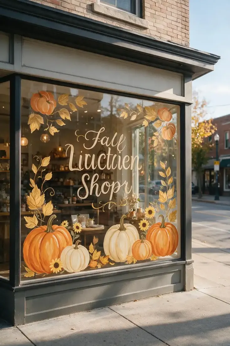 Hand painted fall lettering and pumpkins on a shop window