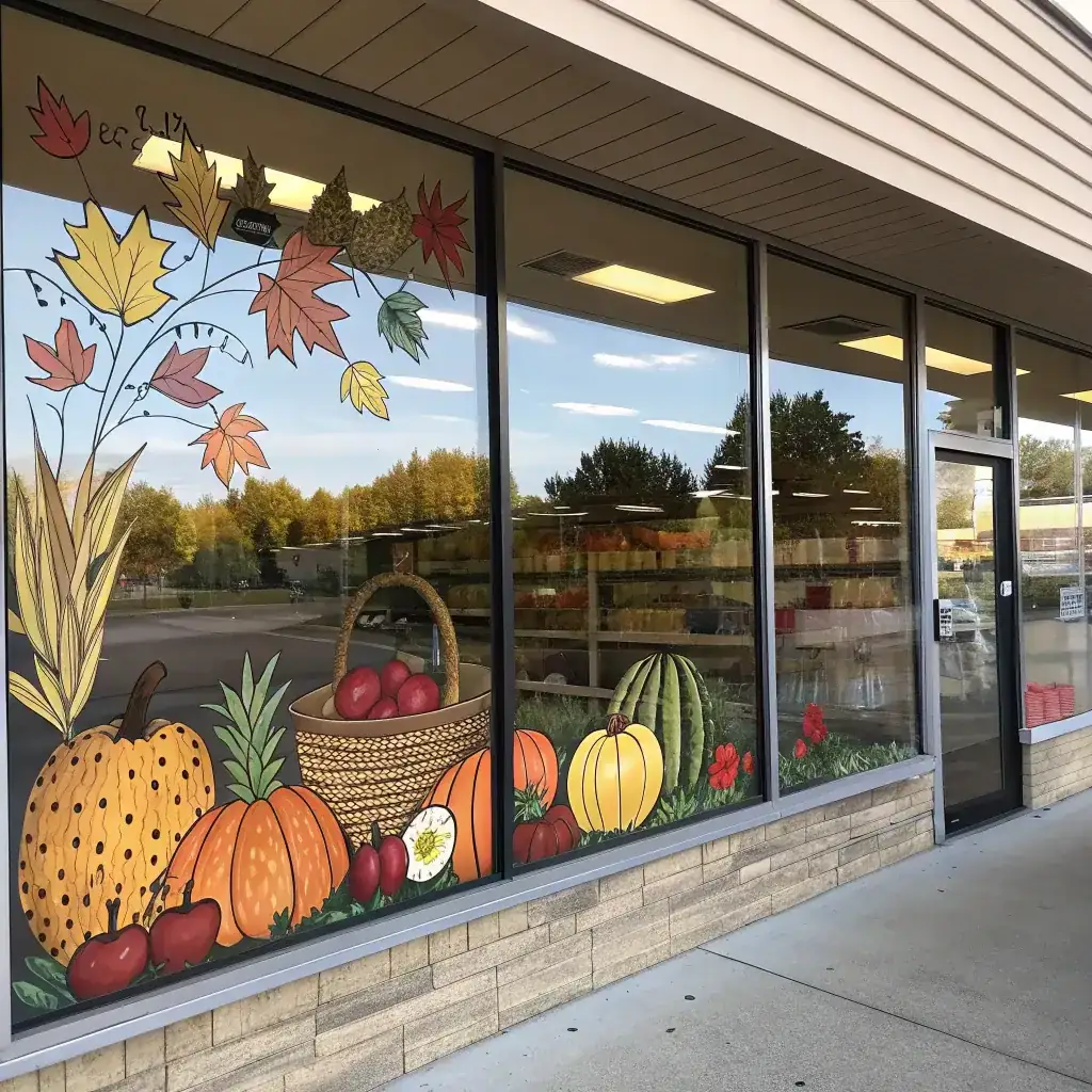 Painted harvest market scene on a farm shop window