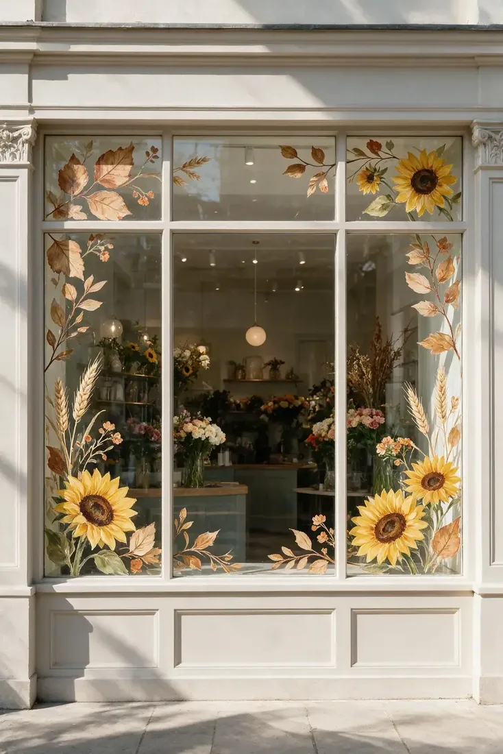 Sunflowers and autumn foliage painted around a florist window