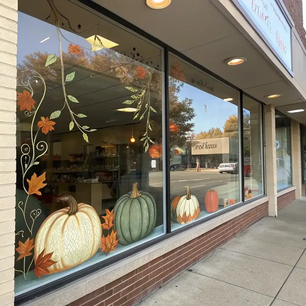 Painted pumpkins and trailing vines on a neighbourhood shop window