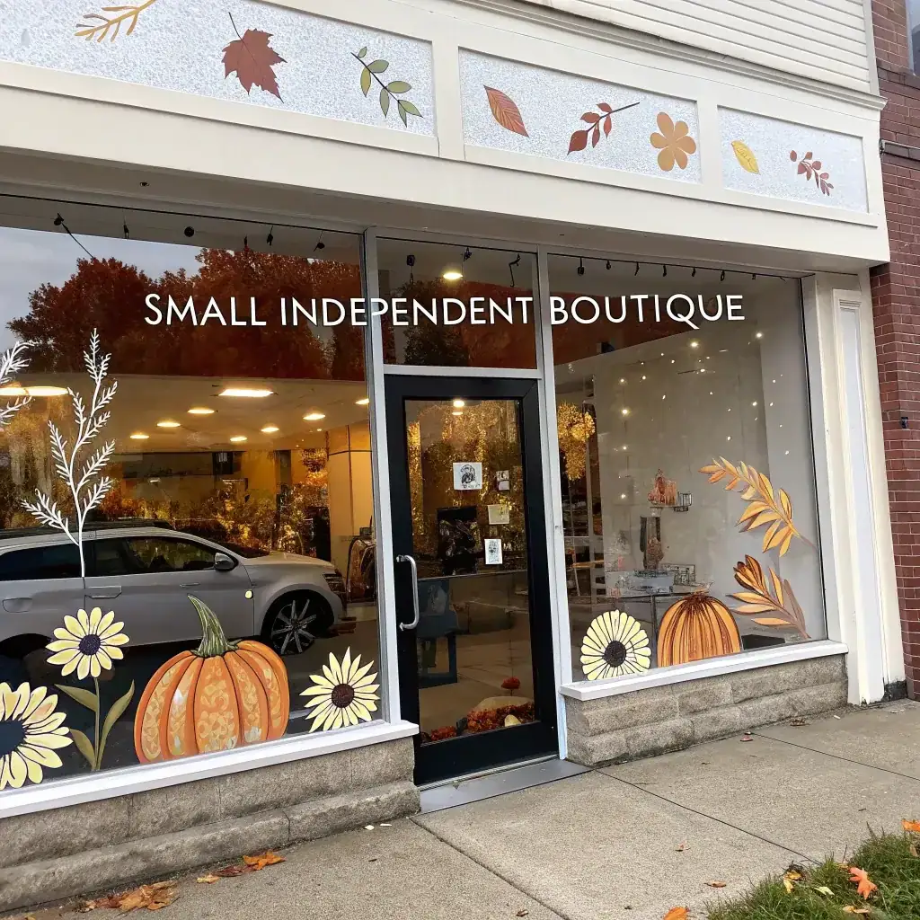 Sunflowers and a pumpkin painted on a small boutique window