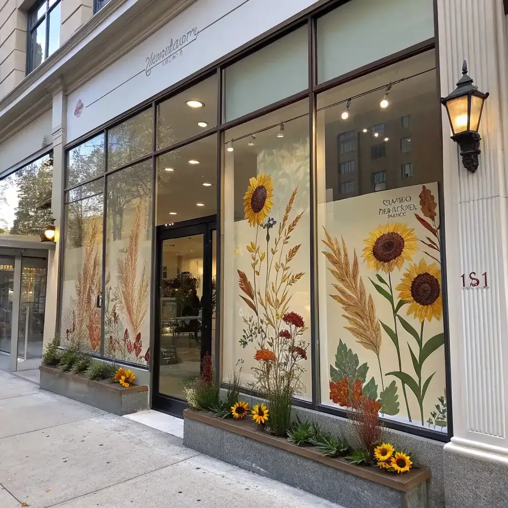Sunflowers and wheat painted on an elegant storefront window