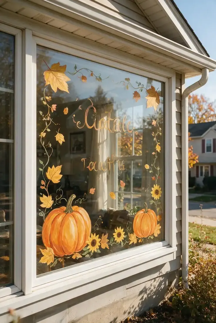 Pumpkins, sunflowers and lettering painted on a house window seen from outside