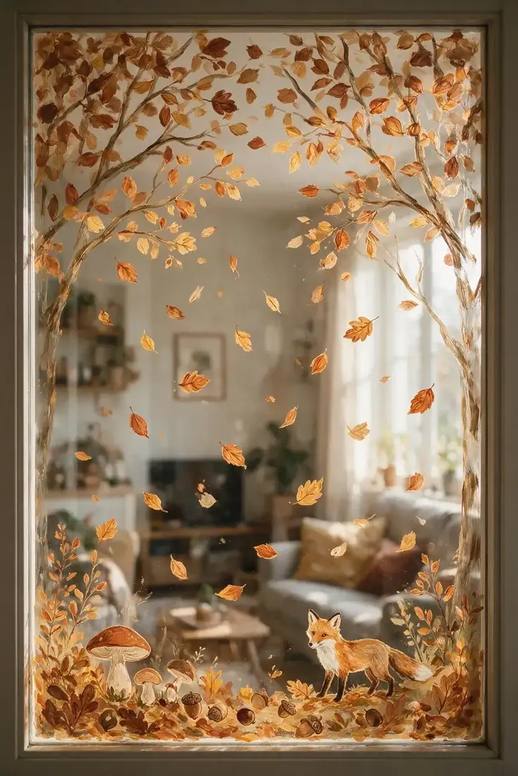 Golden leaf arch and small fox painted around a living room window