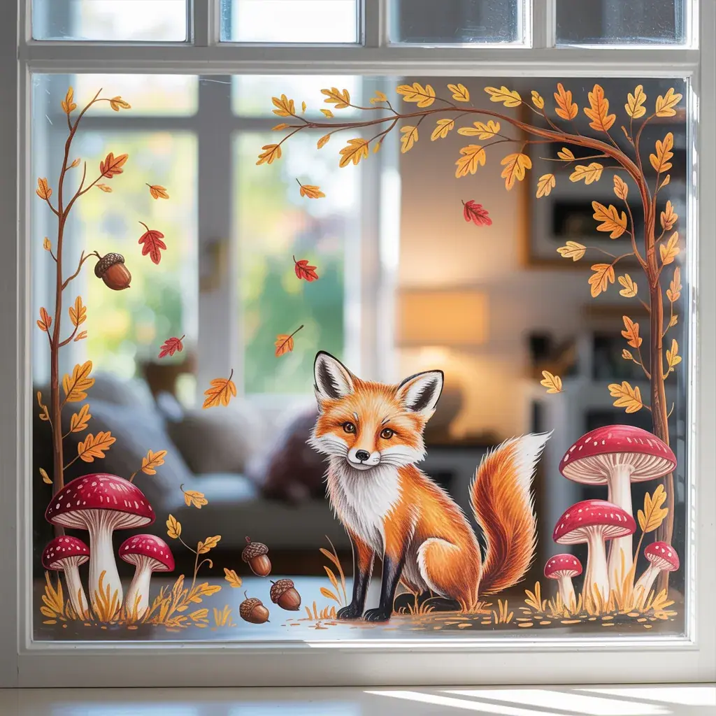Painted fox, red mushrooms and autumn leaves on a living room window