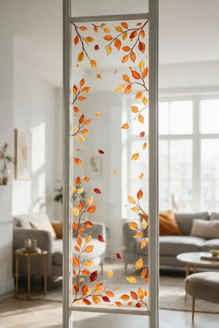 Falling autumn leaves painted on a tall narrow window