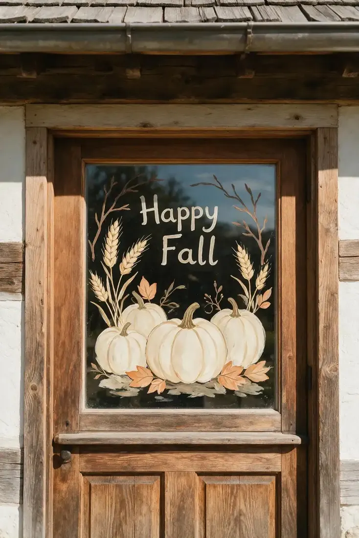 Happy Fall lettering above painted white pumpkins on a rustic door