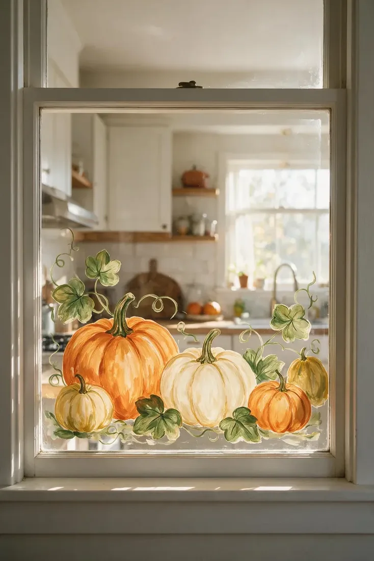 Painted pumpkin patch along the bottom of a kitchen window