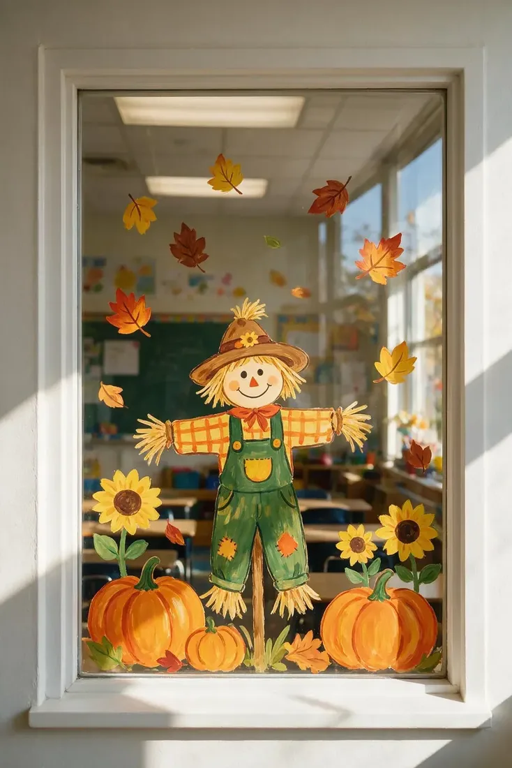 Scarecrow, pumpkins and sunflowers painted on a bright classroom window
