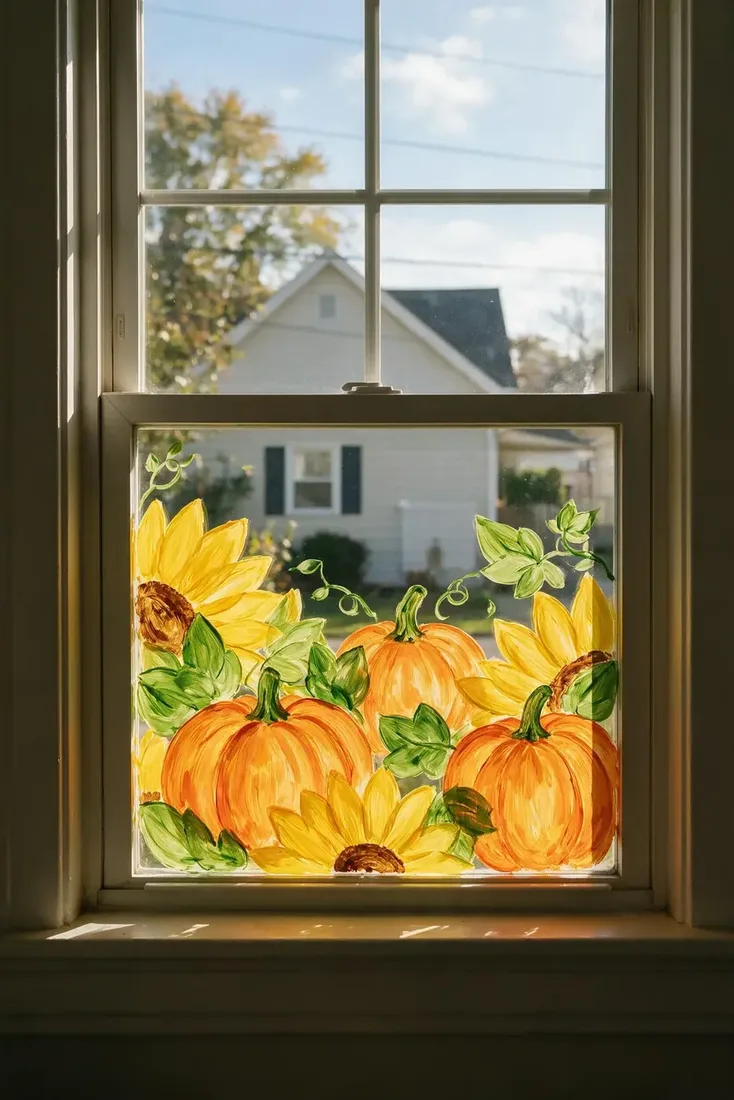 Sunflowers and pumpkins painted across a sunny window