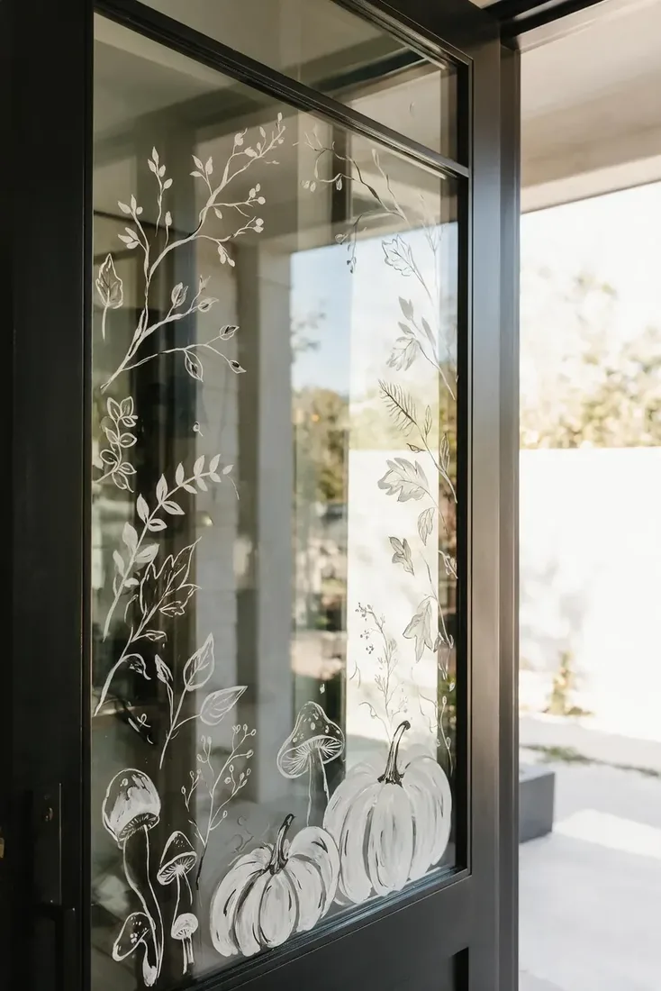 Fine white botanical line painting on a dark glass door