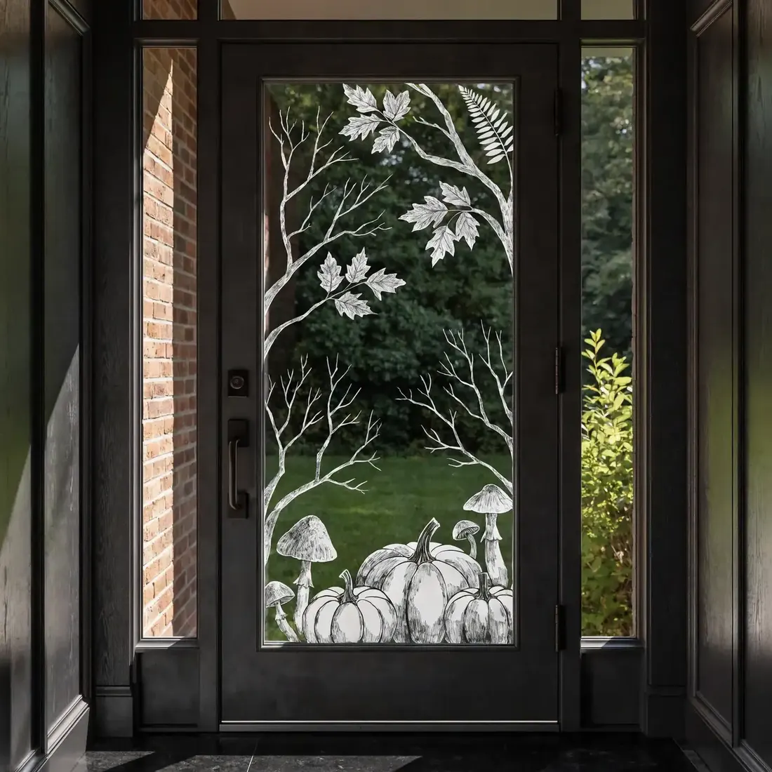 White painted pumpkins and leaves on a dark framed glass front door