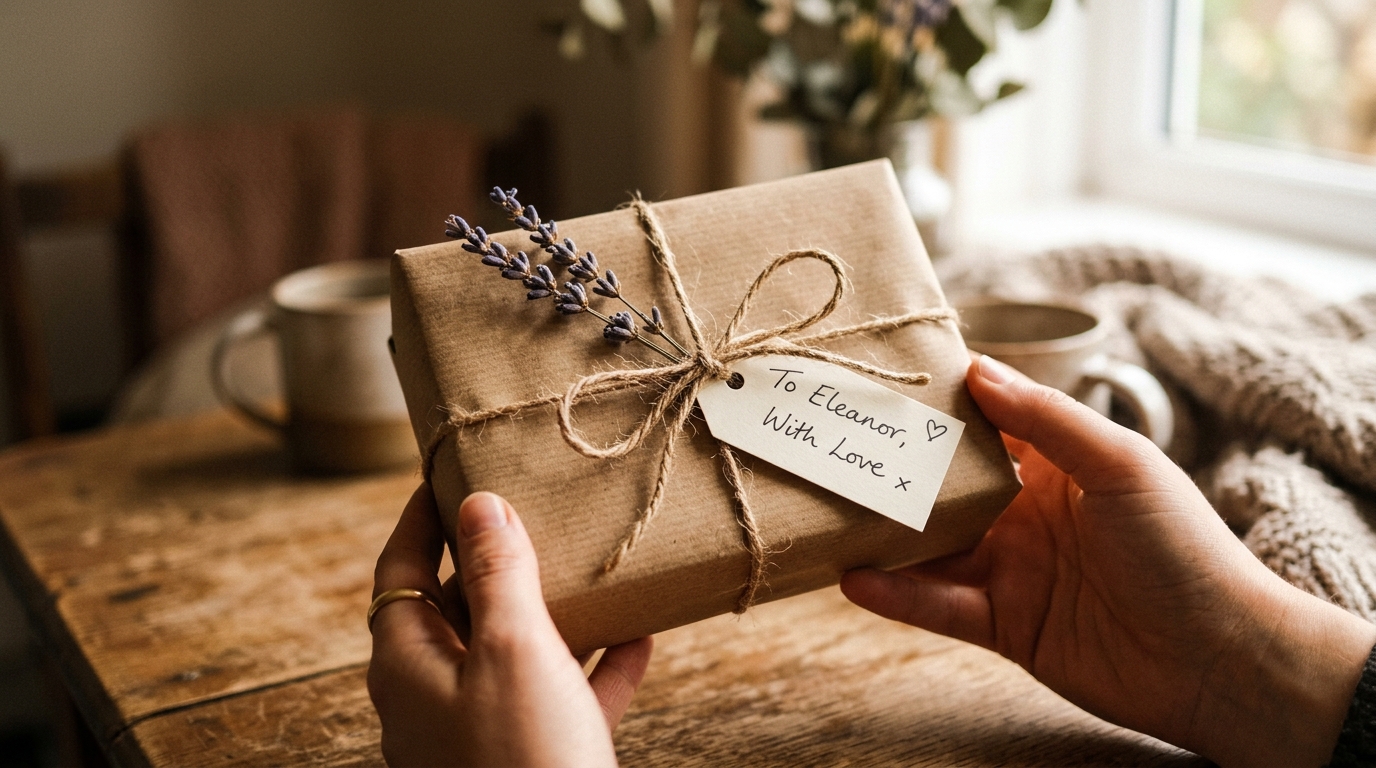 Beautifully wrapped handmade gift with natural materials
