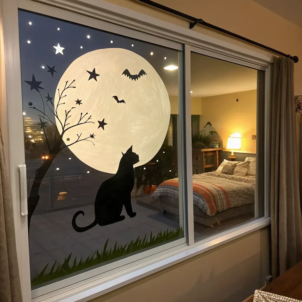 Black cat silhouette against a painted full moon on a bedroom window