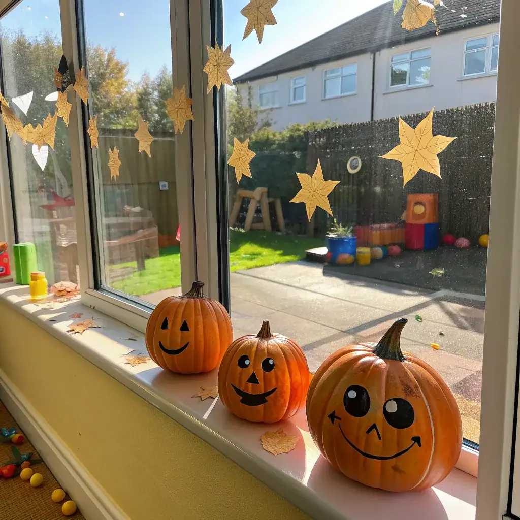 Smiling painted pumpkins and stars on a childrens window