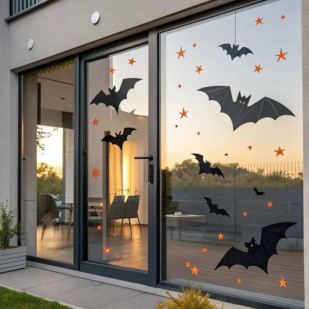 Falling bats and orange stars painted on a modern glass door
