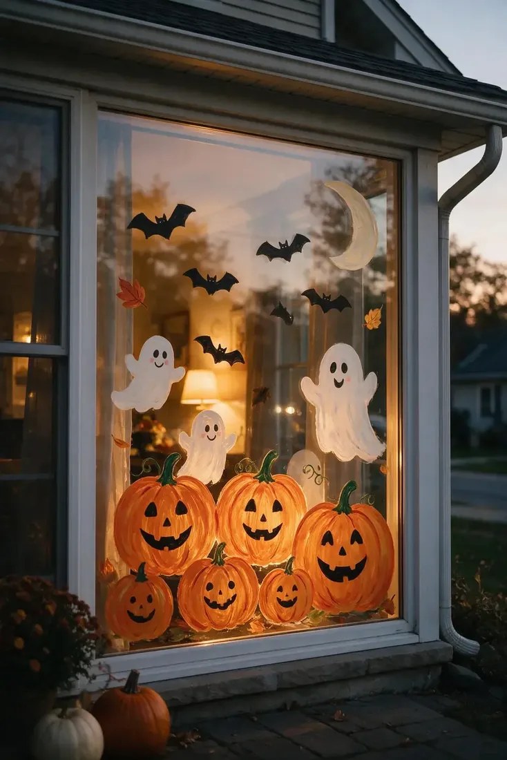 Row of painted pumpkins with ghosts above on a home window