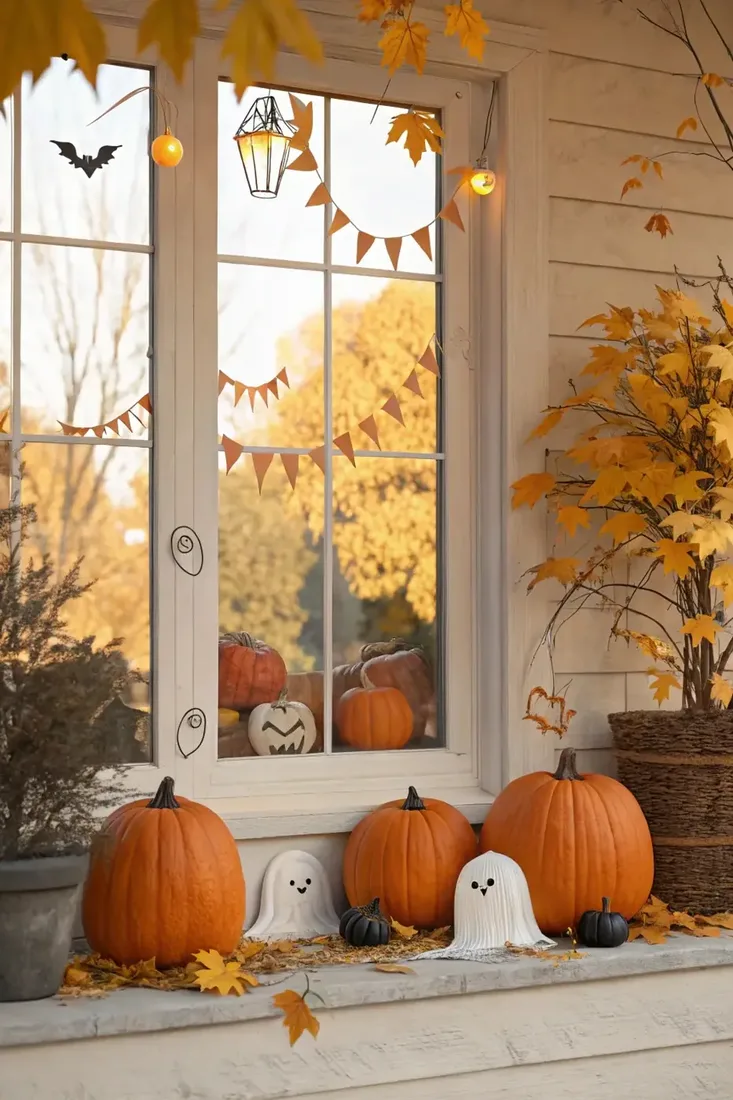 Painted ghost, bats and a lantern on a porch window with pumpkins below