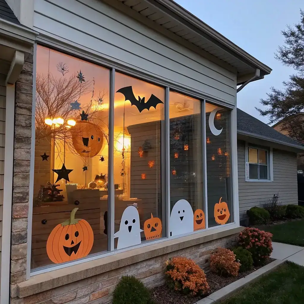 Painted ghosts, pumpkins and bats on a suburban front window