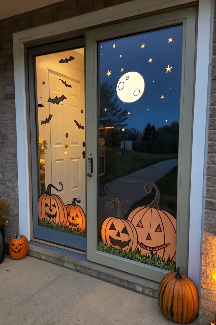 Moon, stars, bats and jack o lanterns painted on a front door at dusk