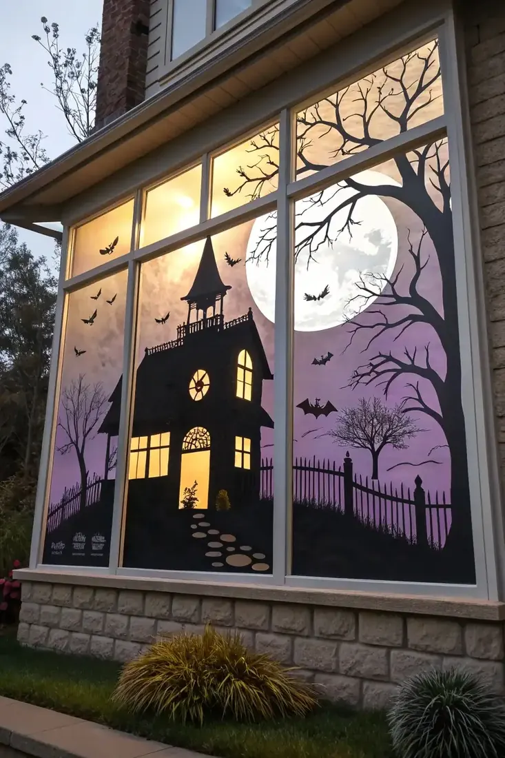 Painted haunted house and moon filling a large home window